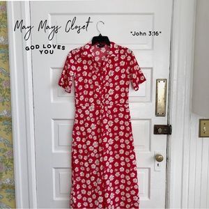 Wednesday’s Girl Tomato Red Floral Daisy Button MIDI Shirt Dress Spring Trend XS